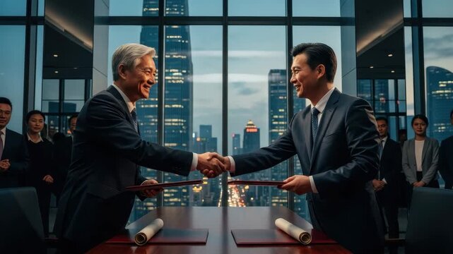 Two business leaders shake hands as they finalize an agreement in a city office at night