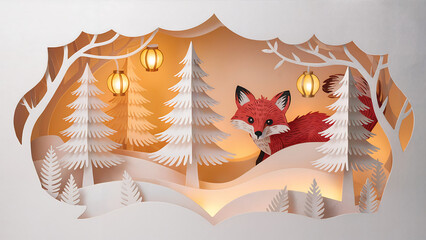 paper cut 3d enchanted winter forest with lanterns and red fox