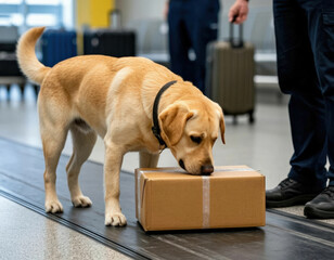 Labrador dog sniffing a cardboard box on a conveyor belt in an airport, showcasing the role of canine detection in security and cargo handling