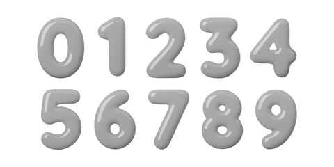 Soft 3D number set in smooth grey balloon style. Glossy inflated digits create a cute neutral look for modern layouts and playful designs. Shiny grey surfaces and rounded 3D number shapes stand out