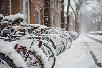 Grainy Black and White Image of Snowy Bicycles Parked Alongside City Sidewalk