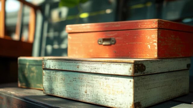 Video Two vintage luggage pieces stacked on top of each other, showing signs of wear and tear
