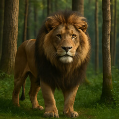 Urdu
Regal Male Lion Walking Through Woodland with Dramatic Lighting and Intense Expression, Close-Up Portrait of a Wild Lion in a Forest Environment with Natural Light, Strong and Confident Lion 