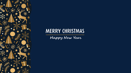 Christmas and new year greeting card with golden decorations on a blue background design layout