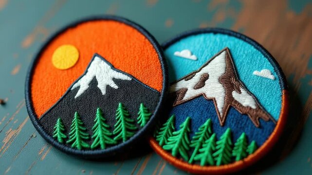 Video Embroidered patches featuring a scenic mountain view
