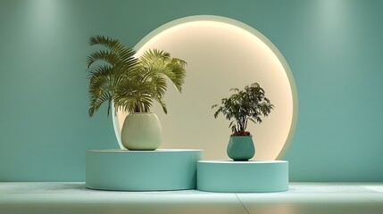Soft mint minimalist display, circular triple stand, potted palm beside, diffused glow
