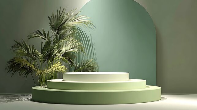 Calm green pastel tone setup, elegant round layered podium, palm leaves, serene light