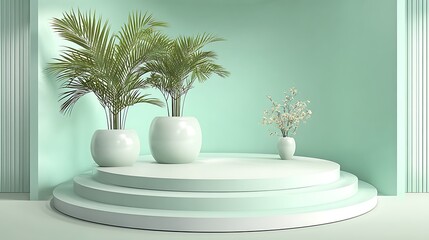 Soft mint tone setup with smooth round three-level podium, palm decor in pot, bright studio atmosphere, calm and refined