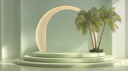 Elegant minimalist display in pastel sage green, triple circular stage, tropical palm accent, diffused sunlight glow, luxury feel