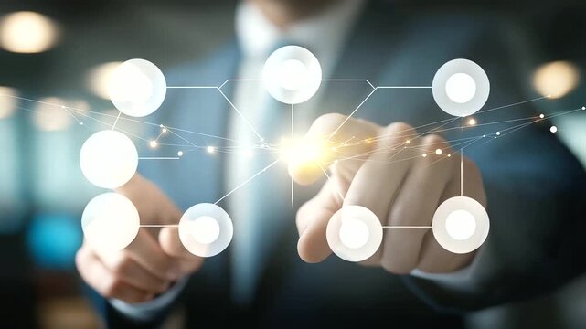 Faceless businessman connecting tech devices to each other with digital network 3D rendering visualization technology integration device connectivity digital ecosystem