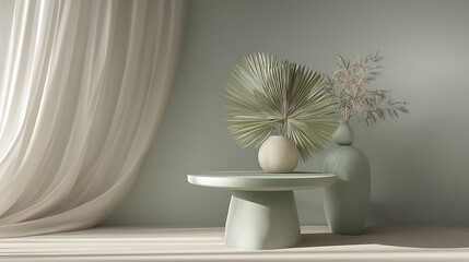 Soft sage tone minimal scene, round layered pedestal, palm decor, tranquil studio light