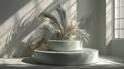 Soft sage tone minimal scene, round layered pedestal, palm decor, tranquil studio light