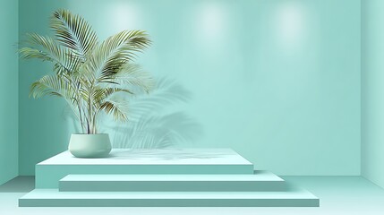Pastel mint minimalist background, elegant three-tier stage, palm plant accent, bright calm glow