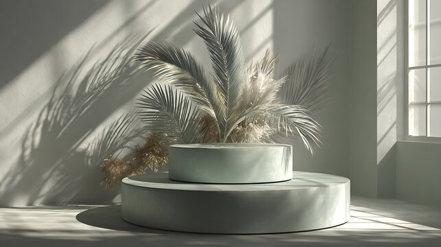 Soft sage tone minimal scene, round layered pedestal, palm decor, tranquil studio light