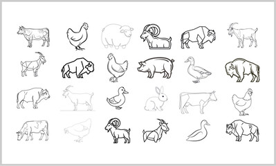 A diverse collection of black and white line art illustrations showcasing various domestic and farm animals like cows, chickens, sheep, and bison.