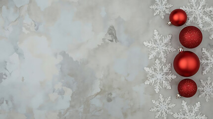 Elegant holiday season background with red ornaments and shimmering snowflakes on a soft marble surface evokes festive cheer and winter magic