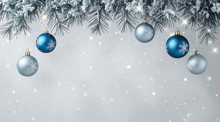 Elegant Christmas background with snowy fir branches and glittering ornaments, perfect for holiday cards and festive designs, creating a magical winter feel
