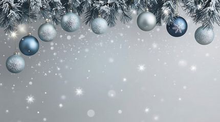 Elegant snowy Christmas background with silver and blue ornaments hanging from pine branches to add festive cheer to your holiday designs and marketing