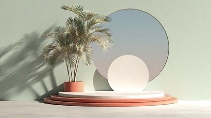 Pastel sage minimalist composition, round layered stage, tropical palm, elegant calm light