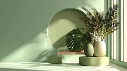 Green pastel minimalist studio, triple circular stand, palm accent, bright and calm tone