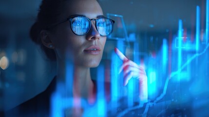Vision of Analytics: A determined analyst intently examines real-time data visualizations displayed on a transparent interface. Reflected in her glasses are the digital patterns.