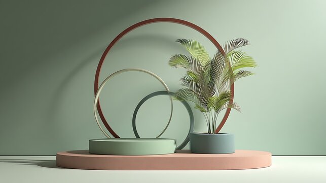 Green pastel minimalist studio, triple circular stand, palm accent, bright and calm tone