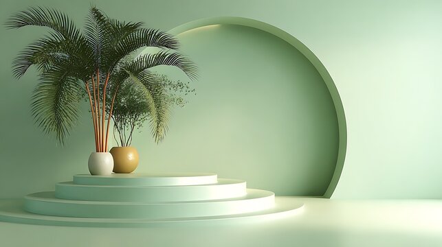 Green pastel minimalist studio, triple circular stand, palm accent, bright and calm tone