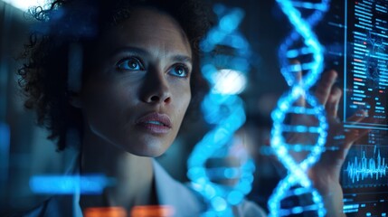 Science Visionary: A focused scientist, her gaze intense, meticulously examines a holographic DNA strand. Her silhouette is reflected in the digital display, as she makes scientific innovations.