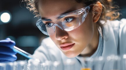 Discovery in the Lab: A focused scientist, garbed in protective eyewear, carefully examines a test tube, her gaze filled with determination as she pursues scientific breakthroughs