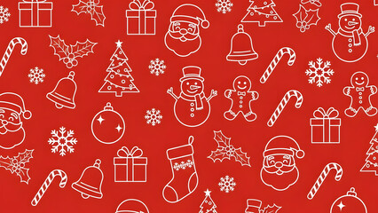 Seamless Christmas Pattern with White Icons on Red Background image photo