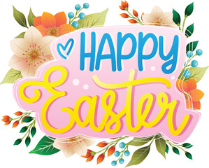 happy easter lettering with flower decoration