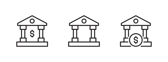 Bank line black icon set. Dollar sign. Building symbol. Business, finance, money, savings, investment, architecture concept. Editable stroke. Vector illustration. Isolated on a white background.