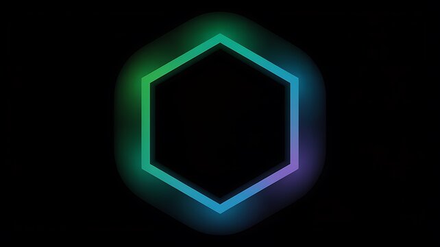 Glowing hexagon outline with green and blue gradient on a dark black background in a simple design