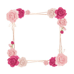 Elegant square floral frame with pink and cream roses and greenery isolated on transparent background