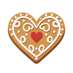 Heart shaped gingerbread cookie decorated with white icing and red heart accent on white background.