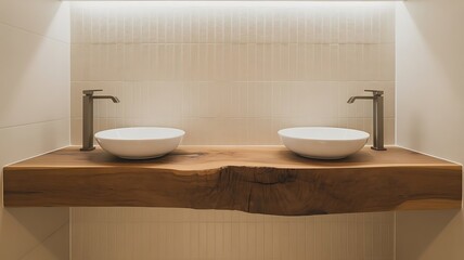 Two sinks on a wooden counter with modern faucets in a brightly lit neutral toned restroom area