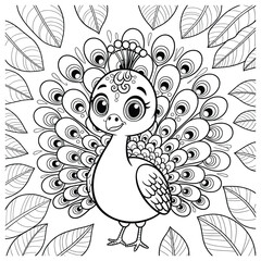 Cute Cartoon Peacock Coloring Page for Kids Black and White Illustration