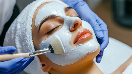 Professional cosmetologist applying blue cosmetic mask on woman face with brush in spa