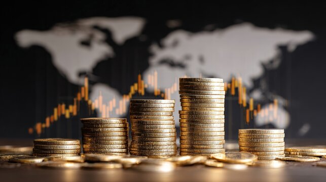 Financial Growth visualized: Stacks of gold coins rise like a financial graph, with the world map in the backdrop. This image embodies prosperity and financial progress. 