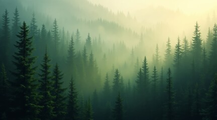 Mysterious evergreen pine forest shrouded in thick morning fog on a mountain for natural tranquility concept and serene landscape