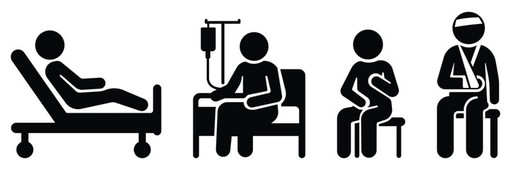 Patient care icon set, Medical treatment symbol pack, Hospital recovery silhouette collection.