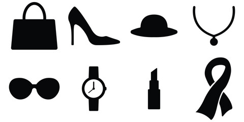 Fashion accessory icon set, Beauty product symbol pack, Style and elegance silhouette collection