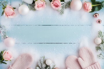 Merry Christmas and Happy Holidays greeting card, frame, banner. New Year. Noel. Red and white Christmas decorations and g top view. Winter xmas holiday celebration