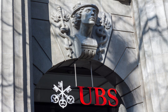 ZURICH, SWITZERLAND - MARCH 30, 2025. UBS logo on UBS bank branch office. UBS is a multinational investment bank and financial services company founded and based in Switzerland