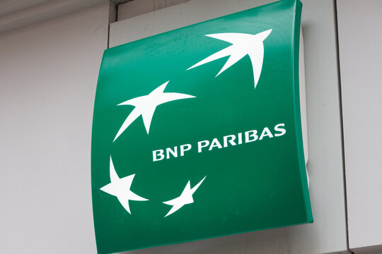 PARIS, FRANCE - OCTOBER 20, 2019. BNP Paribas logo on BNP Paribas bank office. BNP Paribas is a French international banking group