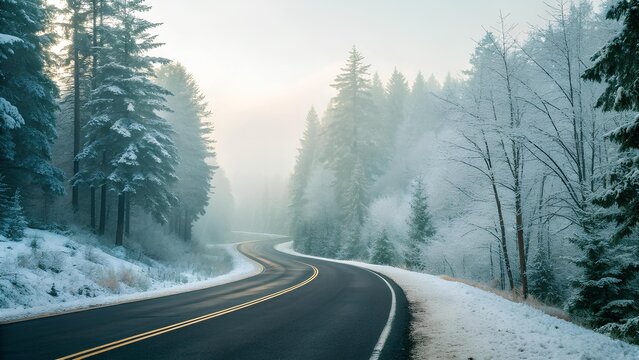 A gentle forest road curves through snowy evergreens, the dark asphalt contrasting soft white powder. Light mist rises into a pale sky, creating a calm, muted winter mood
- Powered by Adobe