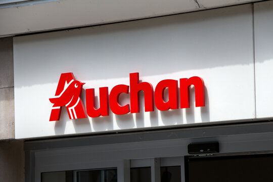 BORDEAUX, FRANCE - JUNE 17, 2022. Auchan logo on Auchan supermarket. Auchan is a French multinational retail group