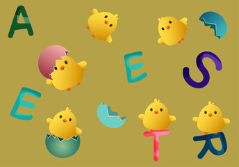 set of easter eggs and chickens