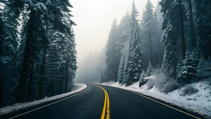 A cold winter mountain road winding through snow-covered pines, with dark asphalt and a bright yellow line cutting through fog