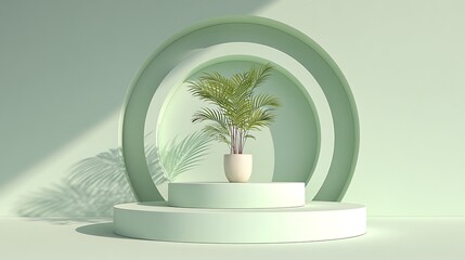 Mint pastel tone minimal composition, three circular stands, potted palm, bright serene light
